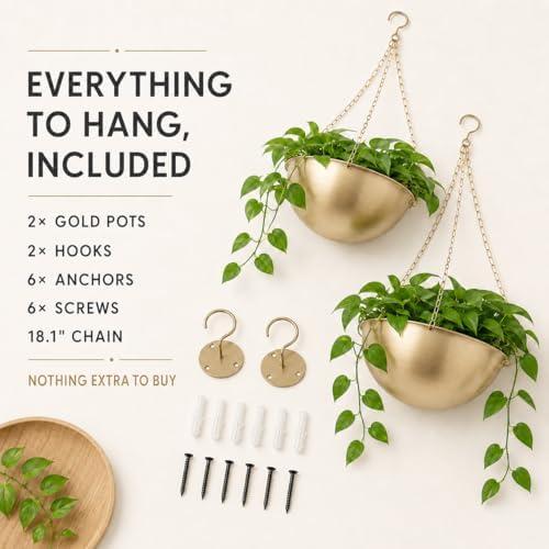 acelist gold hanging planter for indoor plants, set shown in use