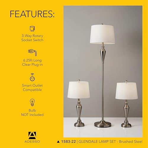 adesso 3-piece lamp set, antique brass & white, package contents