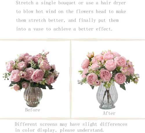 artificial peonies silk flowers in glass vase faux on a desk or shelf