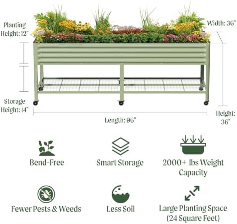 rolling elevated raised garden beds, 3' x 8' shown in use