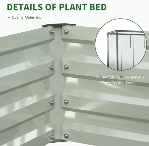galvanized raised garden bed with crop cage plant showing dimensions