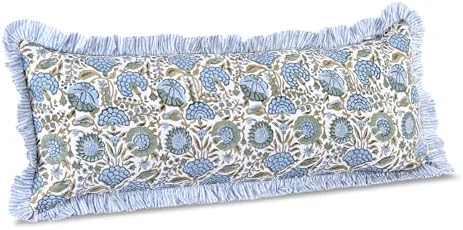 ridhi asparagus green block print ruffle pillow sham, front angle view