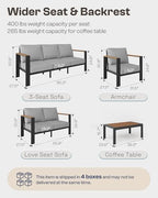 aluminum outdoor patio furniture set with coffee table, front angle view