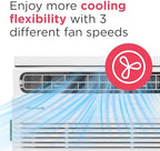 frigidaire 5,000 btu window air conditioner with remote on a desk or shelf