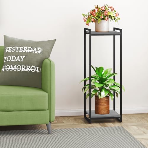 2-tier oak grey plant stand indoor 34" tall showing dimensions