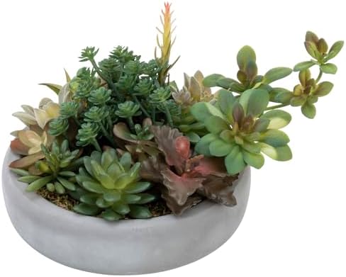 mygift artificial succulent arrangement in round gray cement, front angle view