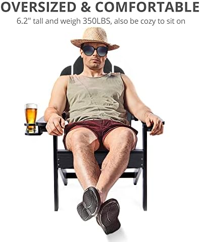 LUE BONA HDPS Outdoor Adirondack Chair, Cup Holder, Black | HDPS poly lumber, all-weather resistant, Low maintenance, built-in cup holder, 350 lbs capacity, for patio deck poolside