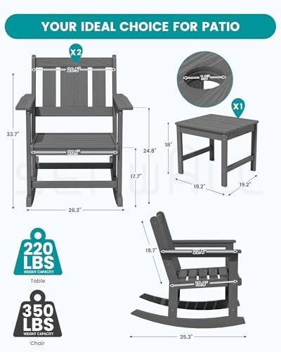 SERWALL 3-Piece Patio Furniture Set with 2 Rocking Chairs & Table, Grey | All-Weather HDPE Bistro Set: Includes rocking chairs and table with umbrella hole for cozy outdoor leisure and relaxation.