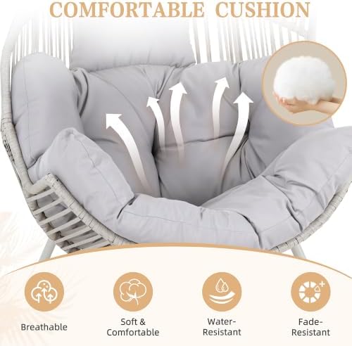 Vongrasig Outdoor Wicker Egg Chair PE Rattan Chair with Cushion, Oversized Patio Lounge Chair for Outdoor, Indoor, Balcony, Backyard, Garden, Grey/Beige Rattan