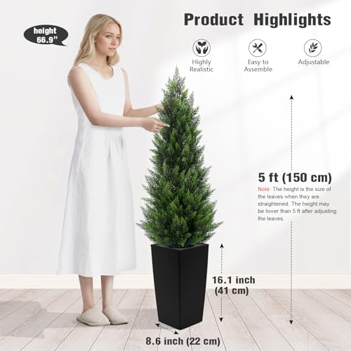 5ft tall 2 pack artificial cedar topiary trees on a desk or shelf