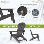 Folding Adirondack Chairs Set of 4, HDPE Cup Holders, Black | Patent pinless folding design, 380lbs, Extended backrest, Natural Wood Look, maintenance-free, All-Weather, Quick setup