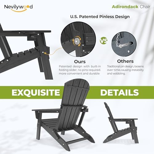 Folding Adirondack Chairs Set of 4, HDPE Cup Holders, Black | Patent pinless folding design, 380lbs, Extended backrest, Natural Wood Look, maintenance-free, All-Weather, Quick setup