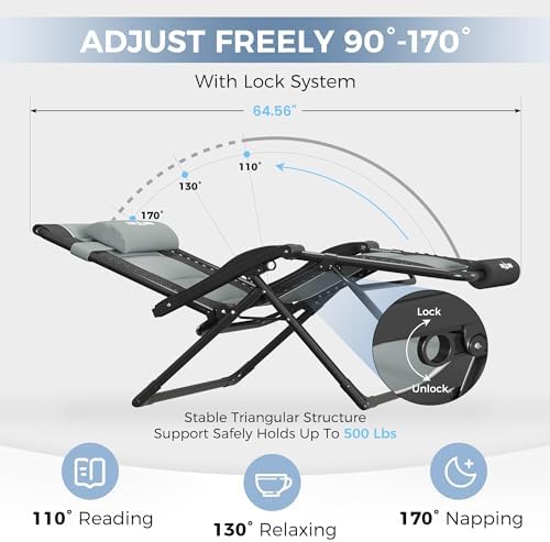 UDPATIO Oversized Zero Gravity Chair Outdoor Patio Folding Recliner | 33in Adjustable Anti Gravity Padded Lounge Chair with Cup Holder, Foot Rest & Headrest for Camping Garden Indoor Black/Gray