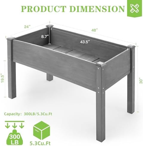 raised garden bed with legs, 48×24×30 cedar wood showing dimensions