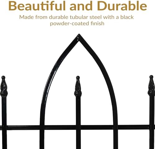 sunnydaze gothic arch decorative garden fence panels, black showing dimensions