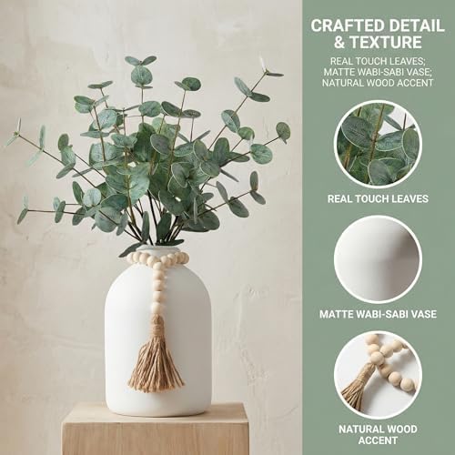 artificial eucalyptus stems in large white vase ,18" showing dimensions