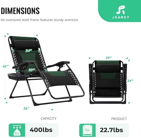 JEAREY Oversized Padded Zero Gravity Chairs, Folding Lounge Chair Outdoor Patio Recliner, Anti Gravity Chair for Backyard with Headrest, Cup Holder, Side Tray, Polyester Mesh - Black/Dark Green