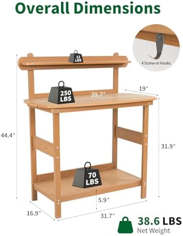 hips outdoor potting table bench with 3-tier storage, close-up detail