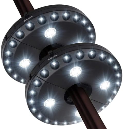 Patio Umbrella Lights Battery Operated (2 Pack), LED Umbrella Pole Light | 3 Brightness Modes Cordless 28 LED Lights for Patio Umbrellas, Camping Tents or Outdoor Use