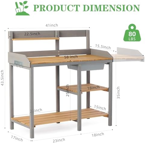 wooden potting bench table with sink,outdoor garden table, close-up detail