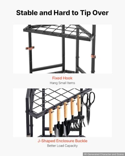 vevor garden tool organizer for corner, 17 slots showing dimensions