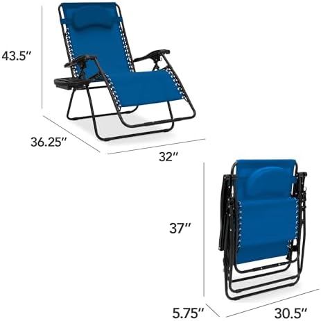 Best Choice Products Oversized Zero Gravity Chair, Folding Outdoor Patio Lounge Recliner w/Cup Holder Accessory Tray, Pillow - Marine Blue
