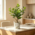 20.5 inch artificial ficus tree in cement pot, side view