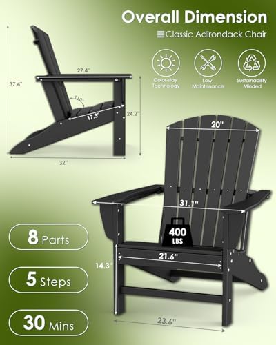 GREENVINES Oversized Adirondack Chairs Set of 2, HDPE All Weather, Black | 21.6" Extra-Wide Seat | 400 lb Capacity | Stable Structure | Plastic Fire Pit Chairs | for Outdoor Patio Deck