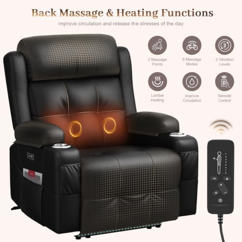 Power Recliner Chair with Heat and Back Massage, Electric Power Oversized Reclining Chair Infinite Position with Storage Armrests & 2 Cup Holders for Living Room, Brown