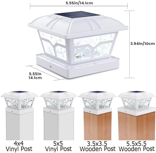 SIEDiNLAR Solar Post Cap Lights Outdoor 2 Modes, 4 Pack, White, Warm/White | Fence Post Lights, 8 LEDs for 4x4, 5x5 & 6x6 Vinyl/Wood Posts, Solar-Powered Waterproof for Patio, Deck, Garden & Yard Decor