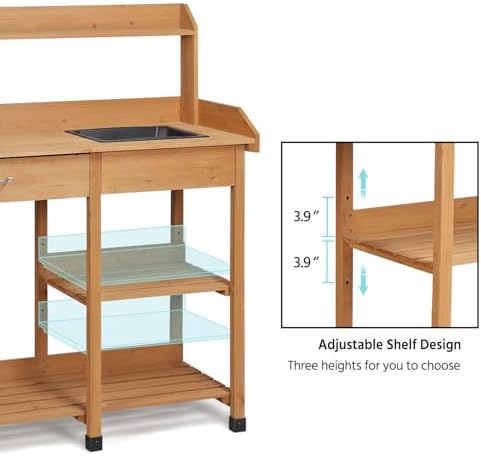 yaheetech potting bench with sink & drawer, outdoor showing dimensions