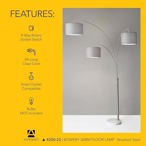 adesso 4250-22 bowery 3-arm arc lamp, 74 in showing dimensions