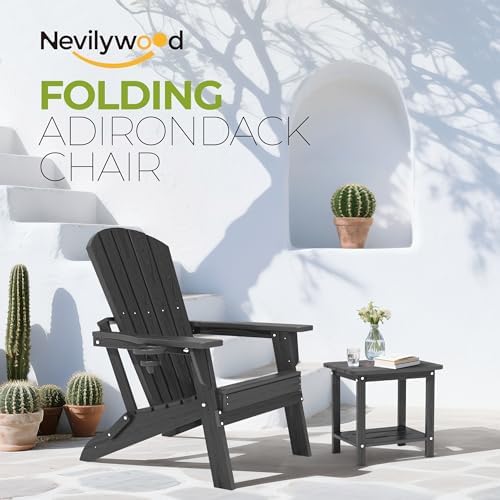 Folding Adirondack Chairs Set of 4, HDPE Cup Holders, Black | Patent pinless folding design, 380lbs, Extended backrest, Natural Wood Look, maintenance-free, All-Weather, Quick setup