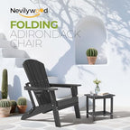 Folding Adirondack Chairs Set of 4, HDPE Cup Holders, Black | Patent pinless folding design, 380lbs, Extended backrest, Natural Wood Look, maintenance-free, All-Weather, Quick setup