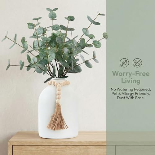 artificial eucalyptus stems in large white vase ,18", front angle view