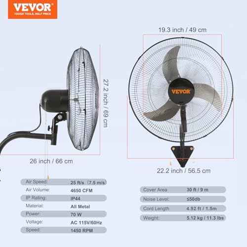 vevor 20 inch wall mount fan, oscillating, 3-speed on a desk or shelf