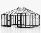 howe 16x12x9.5 ft pavilion styled greenhouse with clear, front angle view