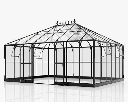 howe 16x12x9.5 ft pavilion styled greenhouse with clear, front angle view