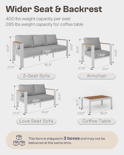 aluminum outdoor patio furniture set with coffee table, front angle view