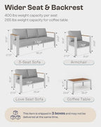 aluminum outdoor patio furniture set with coffee table, front angle view