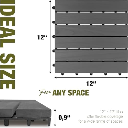 acacia interlocking deck tiles, 12in, 9pcs outdoor flooring showing dimensions