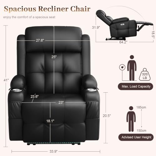Power Recliner Chair with Heat and Back Massage, Electric Power Oversized Reclining Chair Infinite Position with Storage Armrests & 2 Cup Holders for Living Room, Brown