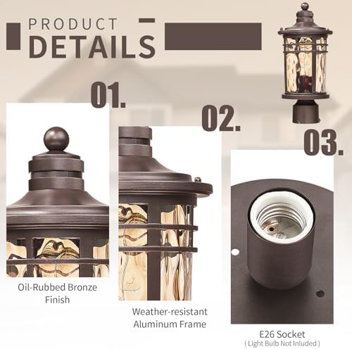 Darkaway Outdoor Post Light,Lamp Post Light Fixture, Waterproof Aluminum Housing with Amber Ripple Glass for Garden Patio Pathway Entry