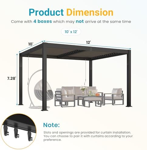 pergola 10'x12' with adjustable roof & thick aluminum, side view