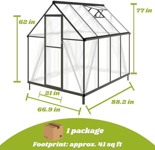 6x8 ft outdoor greenhouse with roof vent, charcoal shown in use