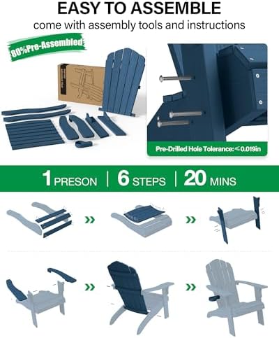 YEFU Oversized Adirondack Chair Set of 4 with Cup-Holder- Navy Blue | Heavy Duty Poly Lumber Outdoor Fire Pit Chair, Weather Resistant, Plastic Chair for Patio, Lawn, Deck, Weight Capacity 450lbs