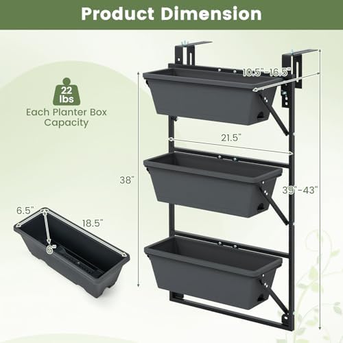 giantex 3-tier vertical railing planter, adjustable hanging planter, side view