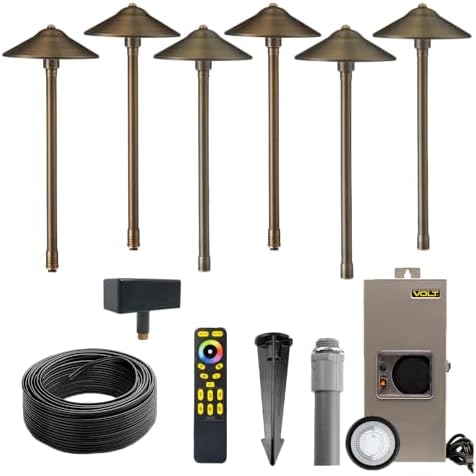 VOLT 12V Max Spread Color-Changing RGBCW LED Path Light Kit (Bronze) | 6-Pack of Solid Brass Path Lights, 150W Low Voltage Transformer & Remote Control Included, Ideal for Pathway Walkway & Garden