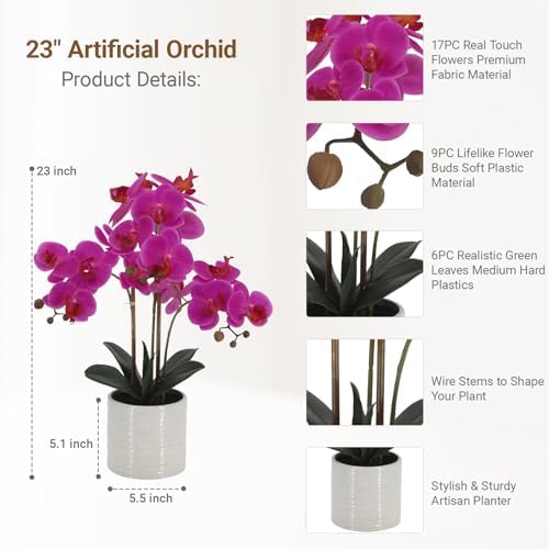 faux orchid plant 23" tall, realistic touch leaves shown in use