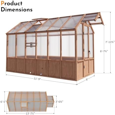 modern shade everbloom 6.5'x12' wooden greenhouse, 8' extra-tall, close-up detail